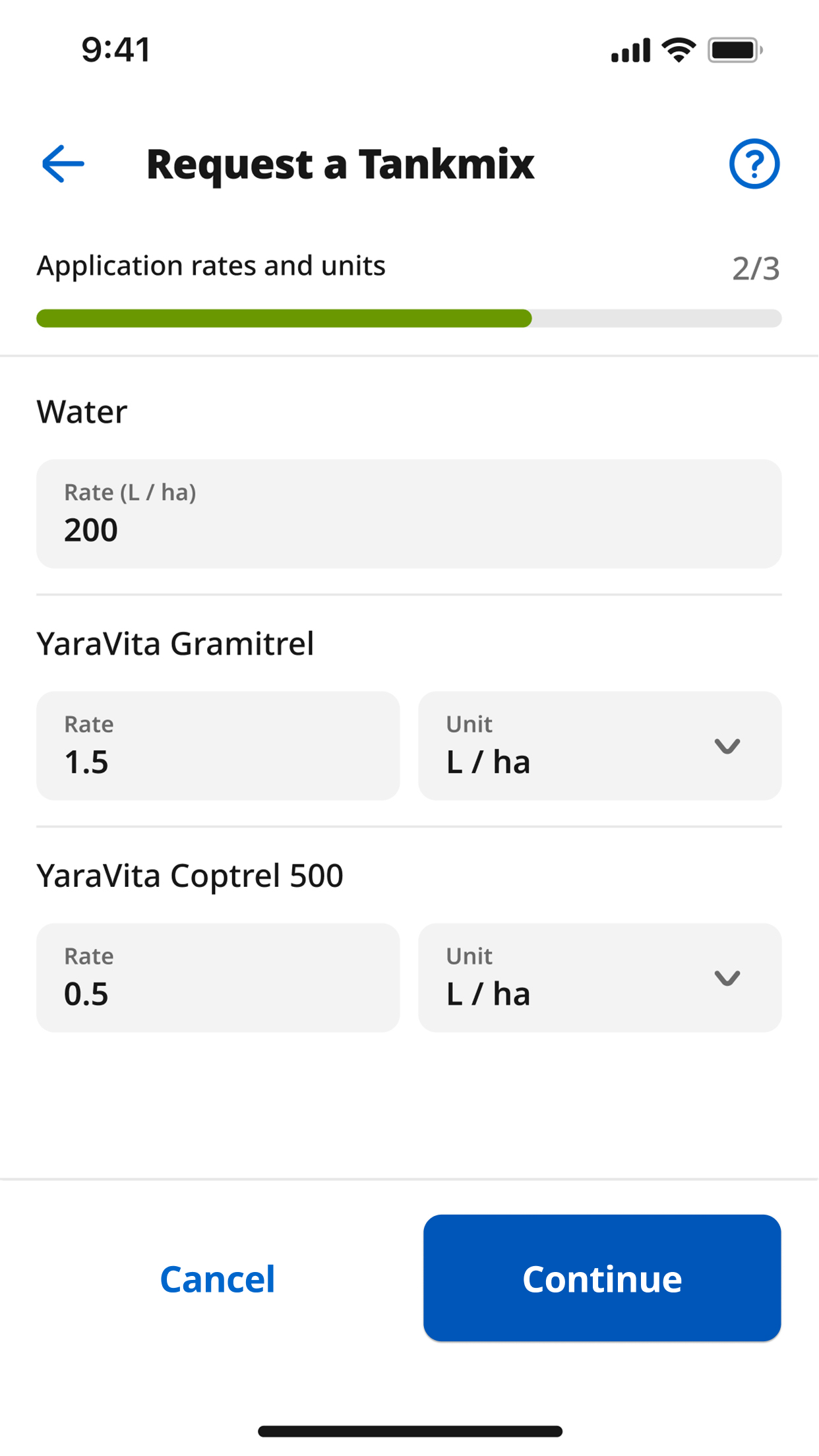 Screenshot of the Tankmix mobile app showing application rates and units